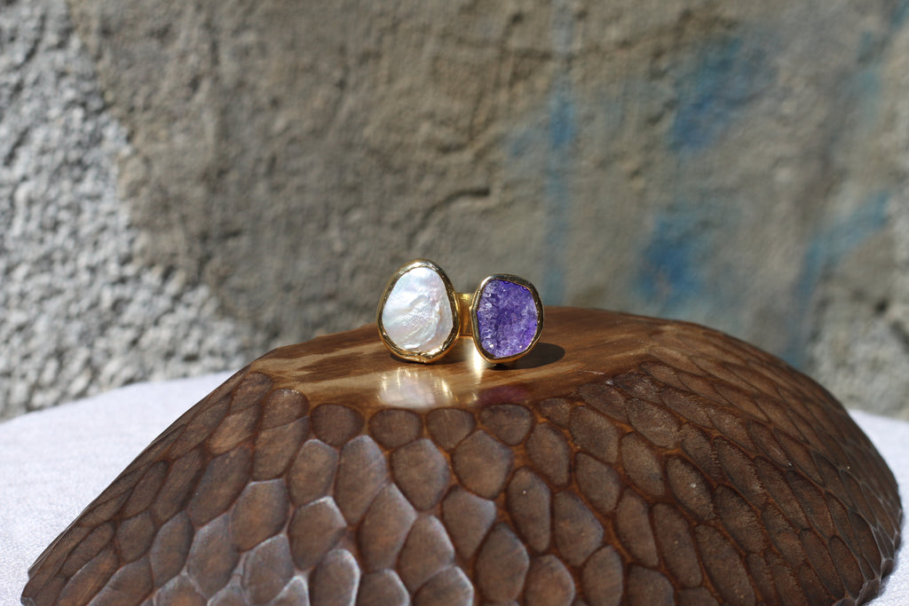 Fossil Agate & Pearl Ring